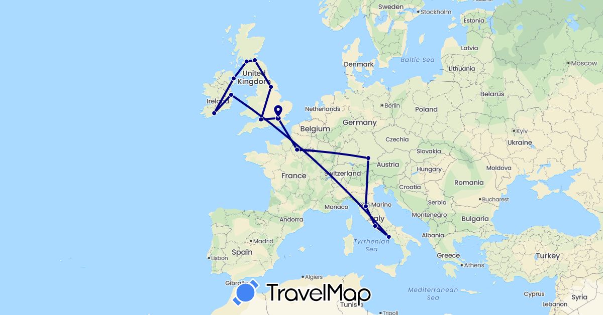 TravelMap itinerary: driving in Germany, France, United Kingdom, Ireland, Italy (Europe)
